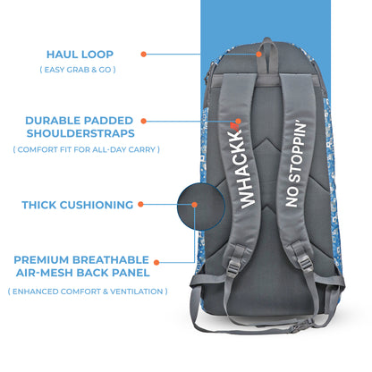 WHACKK Pollock Adult Cricket Kit Bag Blue Grey | Full Size Bag with Padded Double Bat Sleeve, Shoe & Helmet Pocket | Spacious Cricket Bag for Men & Club Players
