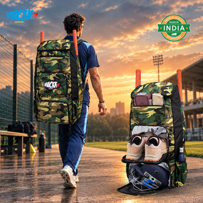 WHACKK Pollock Adult Cricket Kit Bag Black Camouflage | Full Size Bag with Padded Double Bat Sleeve, Shoe & Helmet Pocket | Spacious Cricket Bag for Men & Club Players
