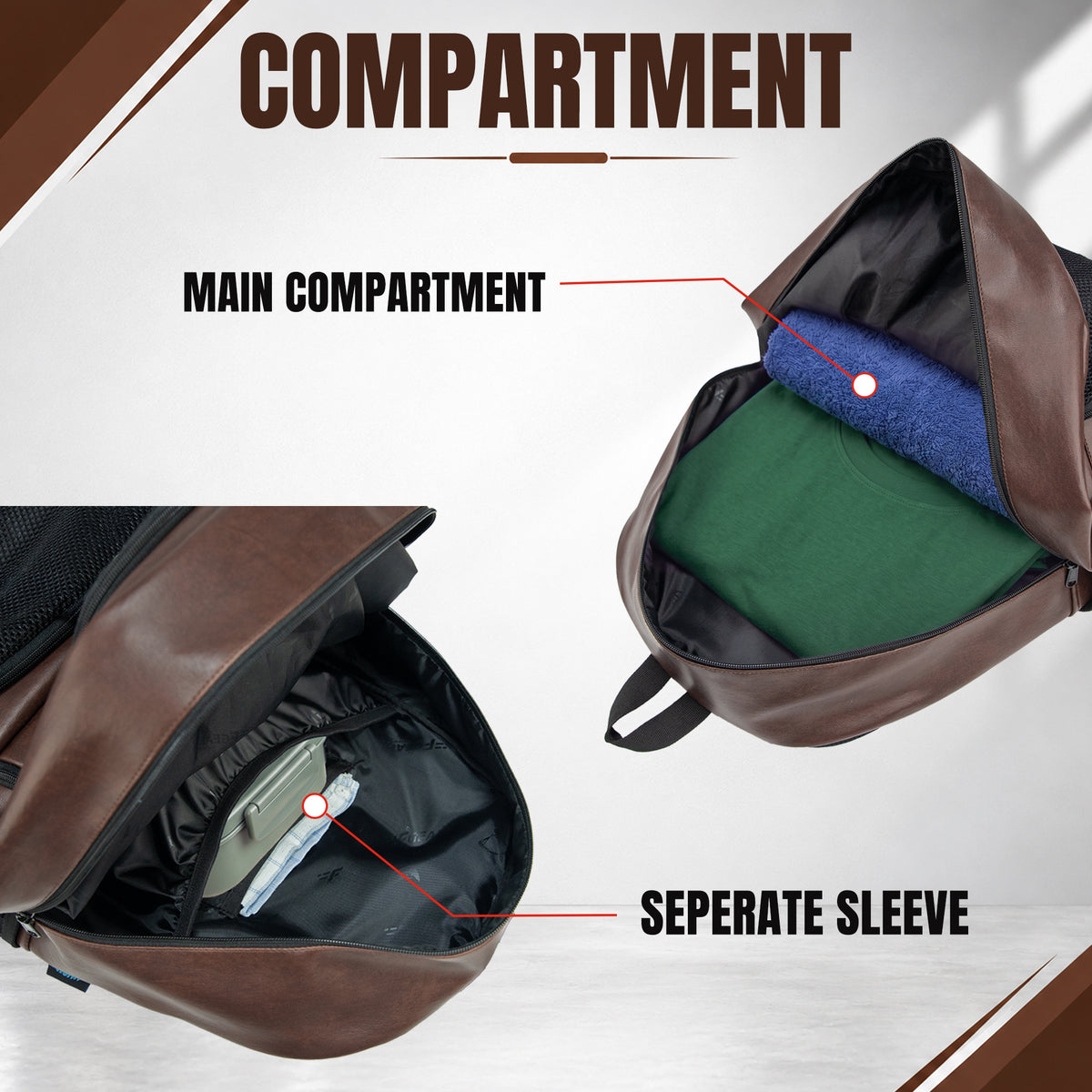 WHACKK Strike 32L Brown Faux Leather Football Backpack | Separate Shoe & Dedicated Ball Compartments | Dual Bottle Holders, Utility Pocket | Sports Kit Bag for Training, Gym & Match Day