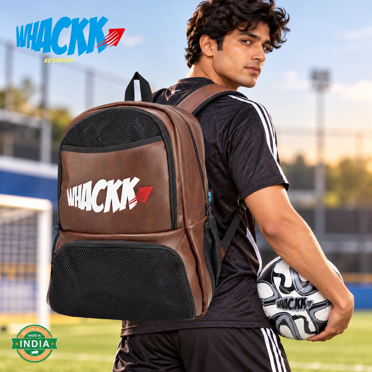 WHACKK Strike 32L Brown Faux Leather Football Backpack | Separate Shoe & Dedicated Ball Compartments | Dual Bottle Holders, Utility Pocket | Sports Kit Bag for Training, Gym & Match Day