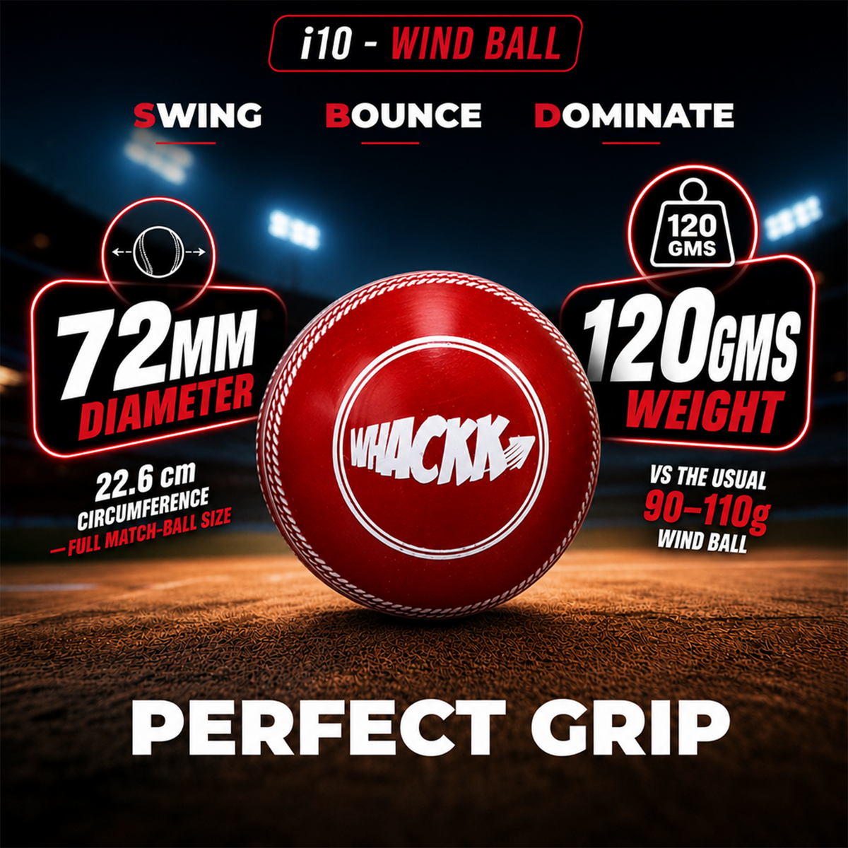 WHACKK I10 T-20 Wind Ball 72MM 120GMS Red Premium Color 6 | Synthetic Practice Cricket Balls | Swing Balls for Match, Training, Indoor, Outdoor & Street Cricket