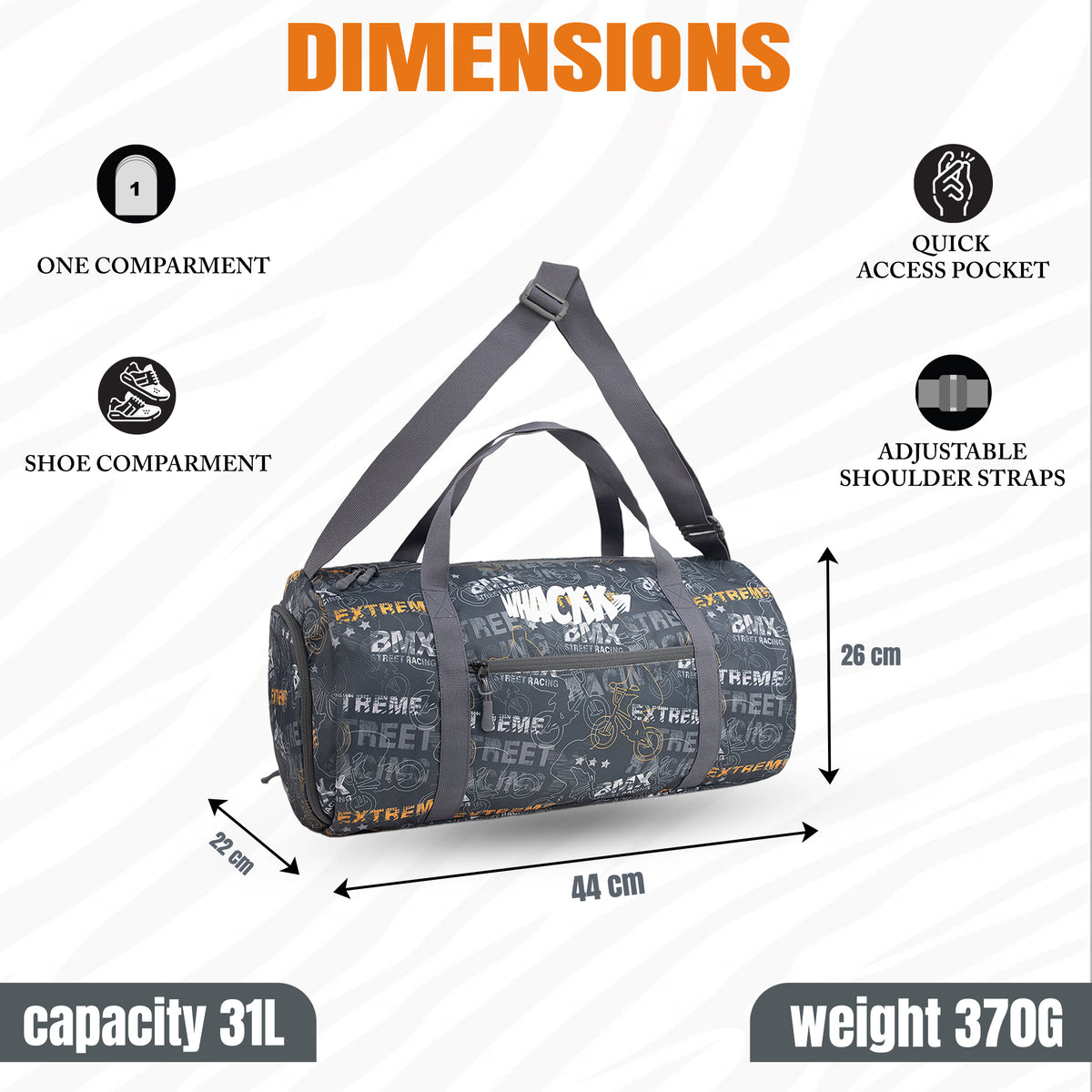 WHACKK 31L Xtreme Black Duffle Gym Bag with Carry Handle|1 Main Compartment, Shoe Compartment, Adjustable Mat Holder, Quick-Access & Bottle Pocket|Lightweight & Water-Resistant Bag for Men & Women