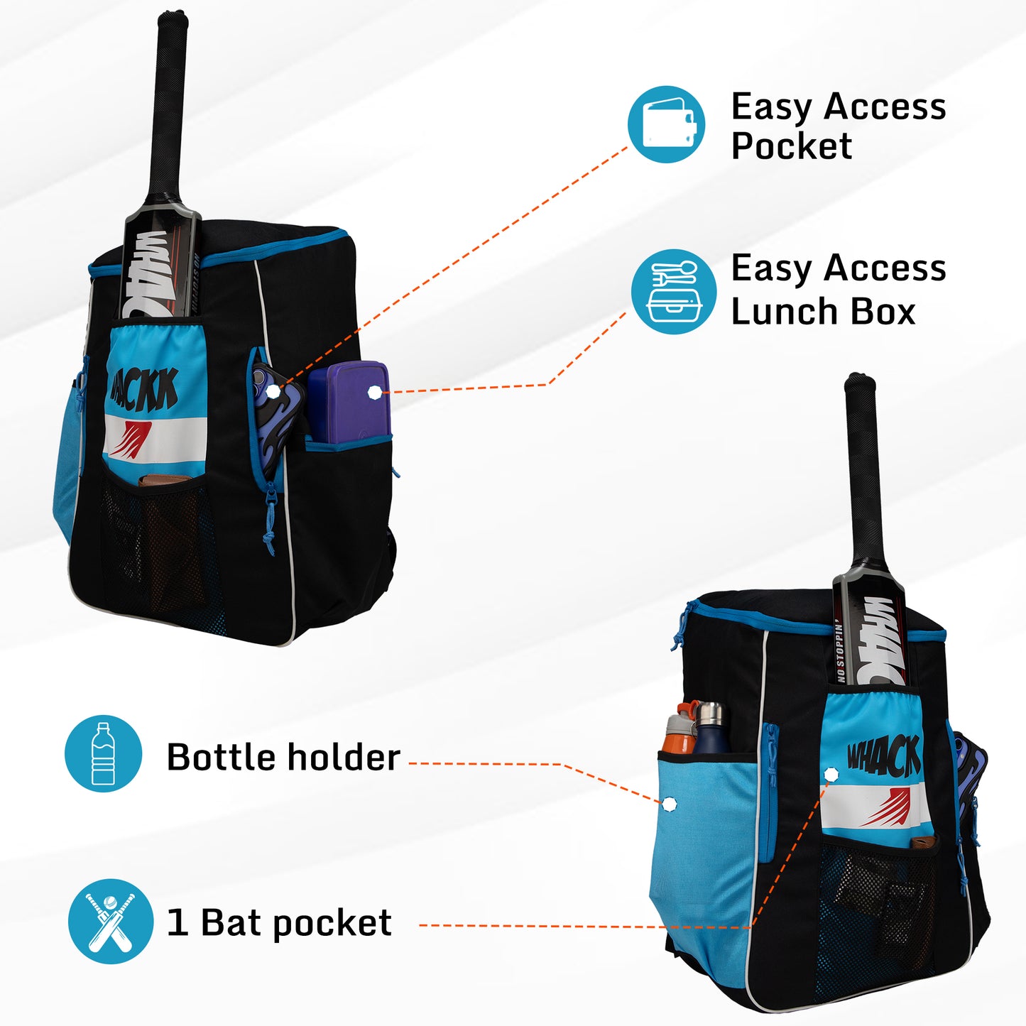 WHACKK Villiers Junior Cricket Kit Bag Blue Black | 51L Capacity with Bat Pocket, Mesh Pocket, Multiple Compartments & Easy Carry Design