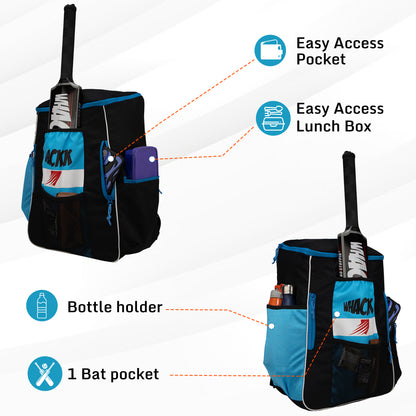 WHACKK Villiers Junior Cricket Kit Bag Blue Black | 51L Capacity with Bat Pocket, Mesh Pocket, Multiple Compartments & Easy Carry Design