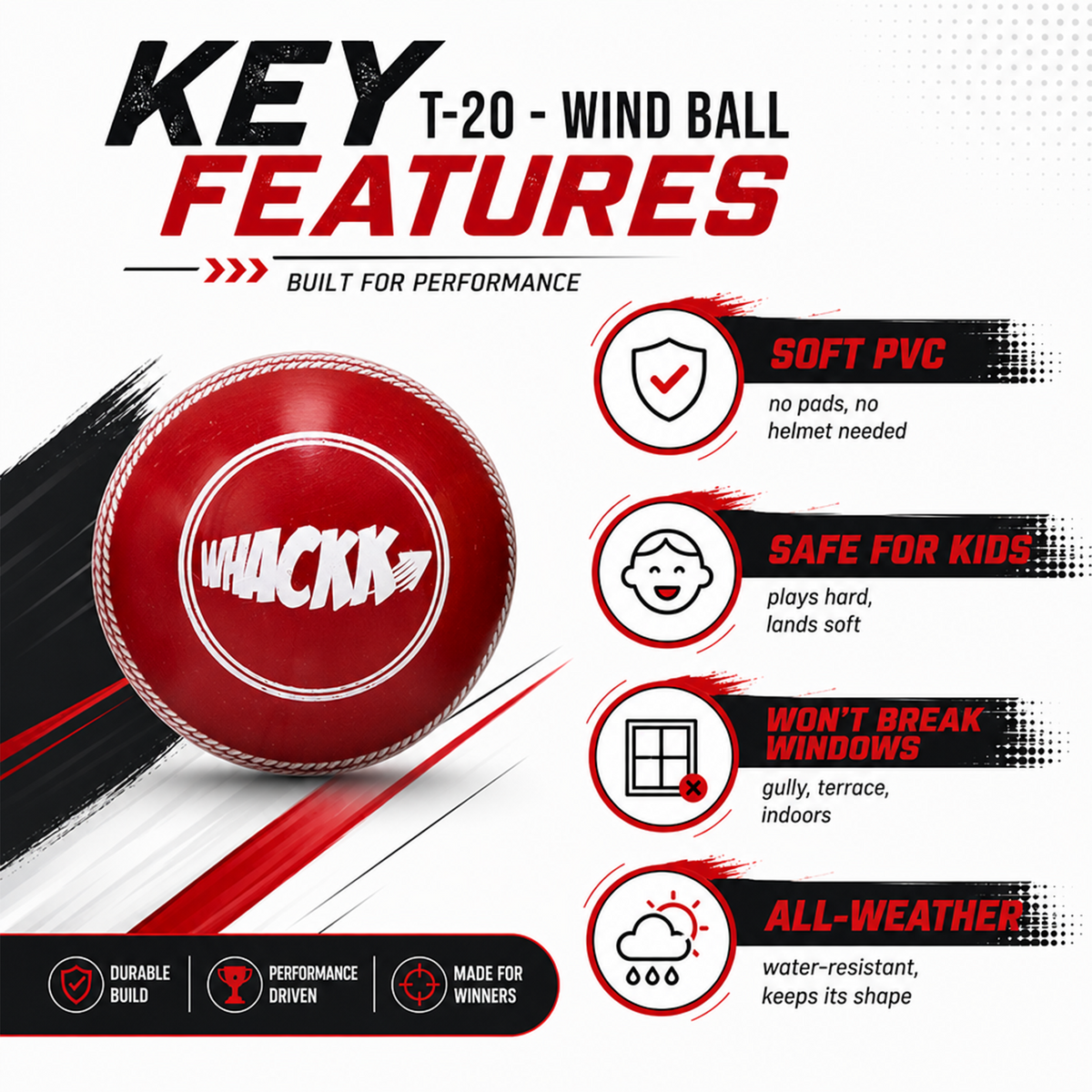 WHACKK I10 T-20 Wind Ball 72MM 120GMS Red Premium Color 6 | Synthetic Practice Cricket Balls | Swing Balls for Match, Training, Indoor, Outdoor & Street Cricket