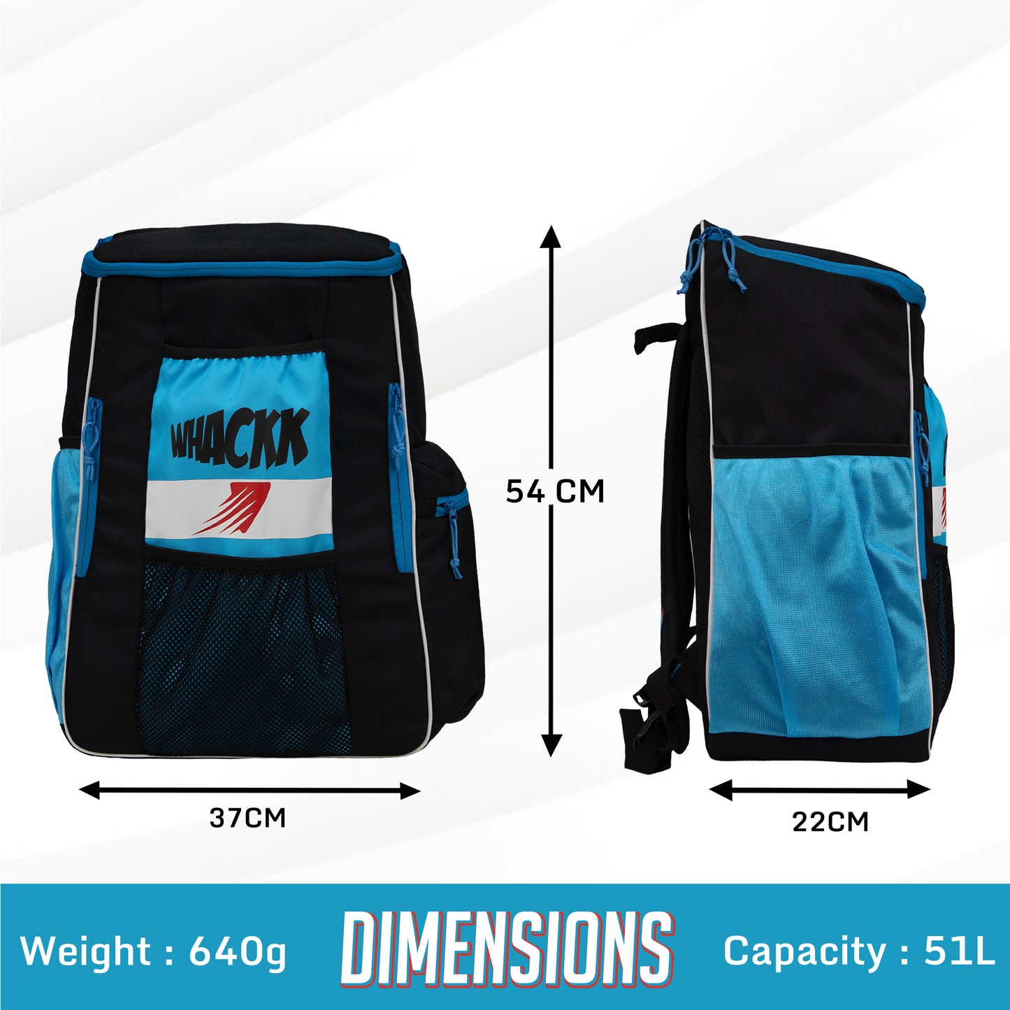 WHACKK Villiers Junior Cricket Kit Bag Blue Black | 51L Capacity with Bat Pocket, Mesh Pocket, Multiple Compartments & Easy Carry Design