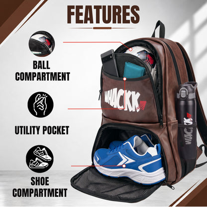 WHACKK Strike 32L Brown Faux Leather Football Backpack | Separate Shoe & Dedicated Ball Compartments | Dual Bottle Holders, Utility Pocket | Sports Kit Bag for Training, Gym & Match Day