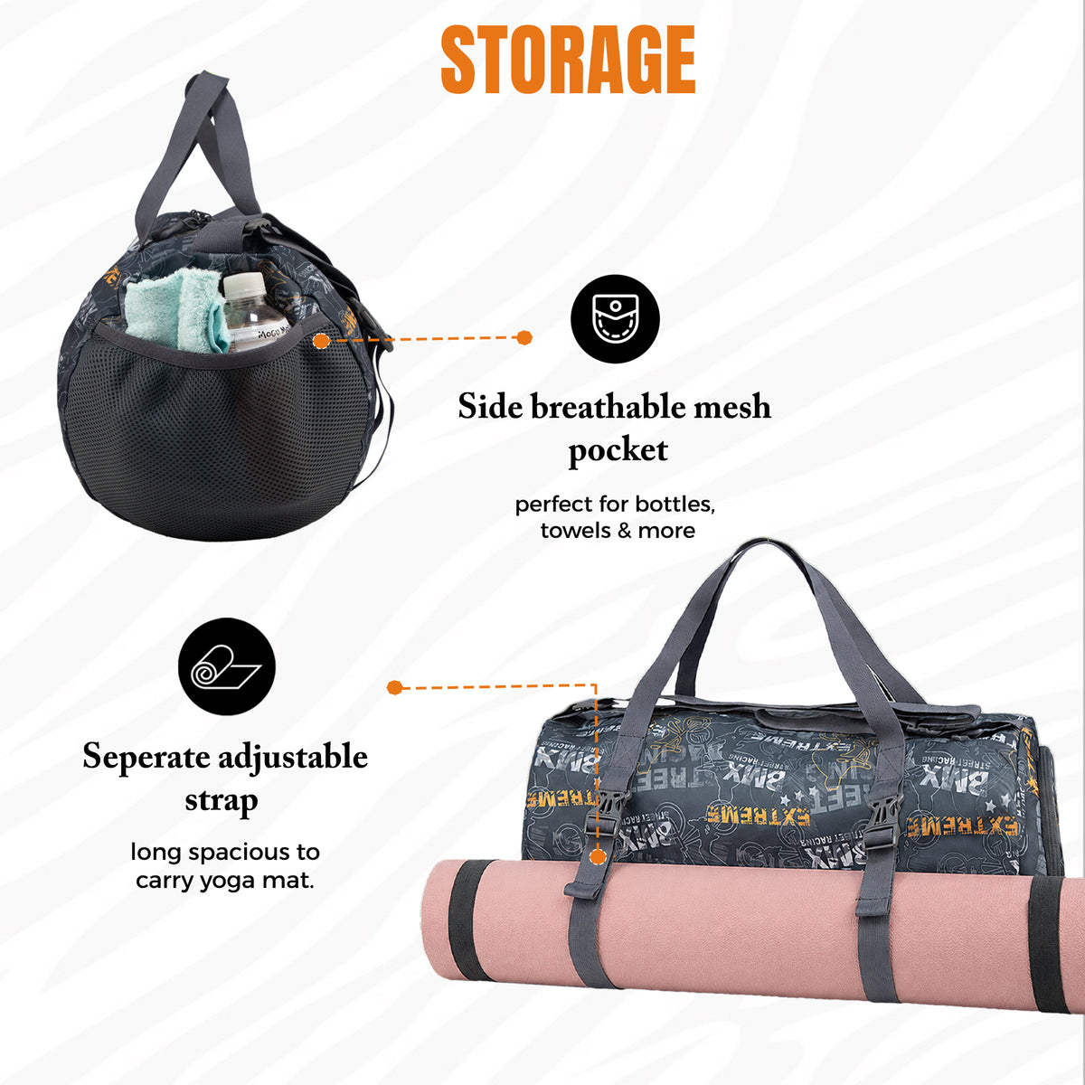 WHACKK 31L Xtreme Black Duffle Gym Bag with Carry Handle|1 Main Compartment, Shoe Compartment, Adjustable Mat Holder, Quick-Access & Bottle Pocket|Lightweight & Water-Resistant Bag for Men & Women