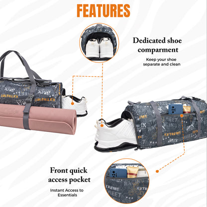 WHACKK 31L Xtreme Black Duffle Gym Bag with Carry Handle|1 Main Compartment, Shoe Compartment, Adjustable Mat Holder, Quick-Access & Bottle Pocket|Lightweight & Water-Resistant Bag for Men & Women