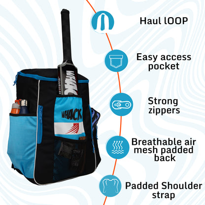 WHACKK Villiers Junior Cricket Kit Bag Blue Black | 51L Capacity with Bat Pocket, Mesh Pocket, Multiple Compartments & Easy Carry Design