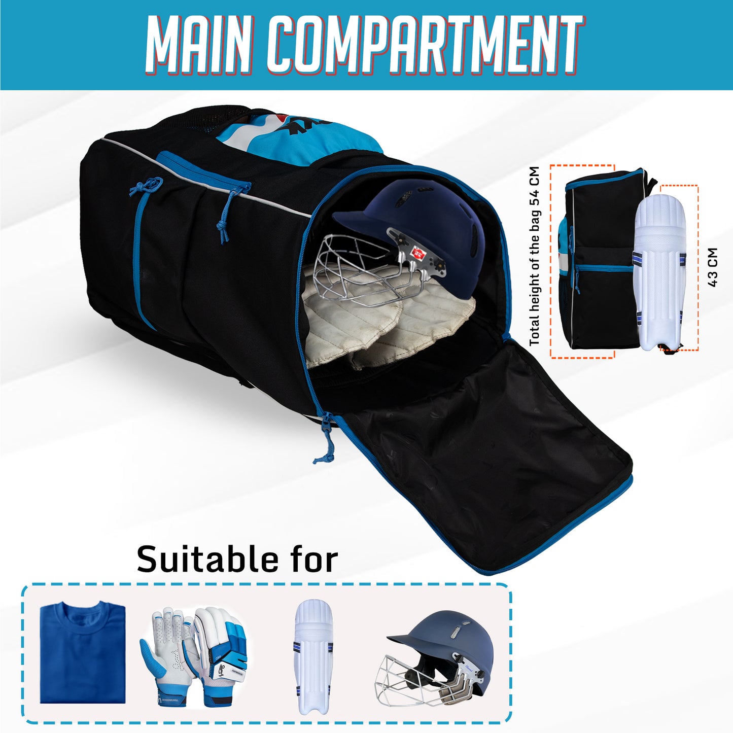 WHACKK Villiers Junior Cricket Kit Bag Blue Black | 51L Capacity with Bat Pocket, Mesh Pocket, Multiple Compartments & Easy Carry Design