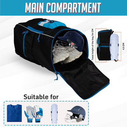 WHACKK Villiers Junior Cricket Kit Bag Blue Black | 51L Capacity with Bat Pocket, Mesh Pocket, Multiple Compartments & Easy Carry Design