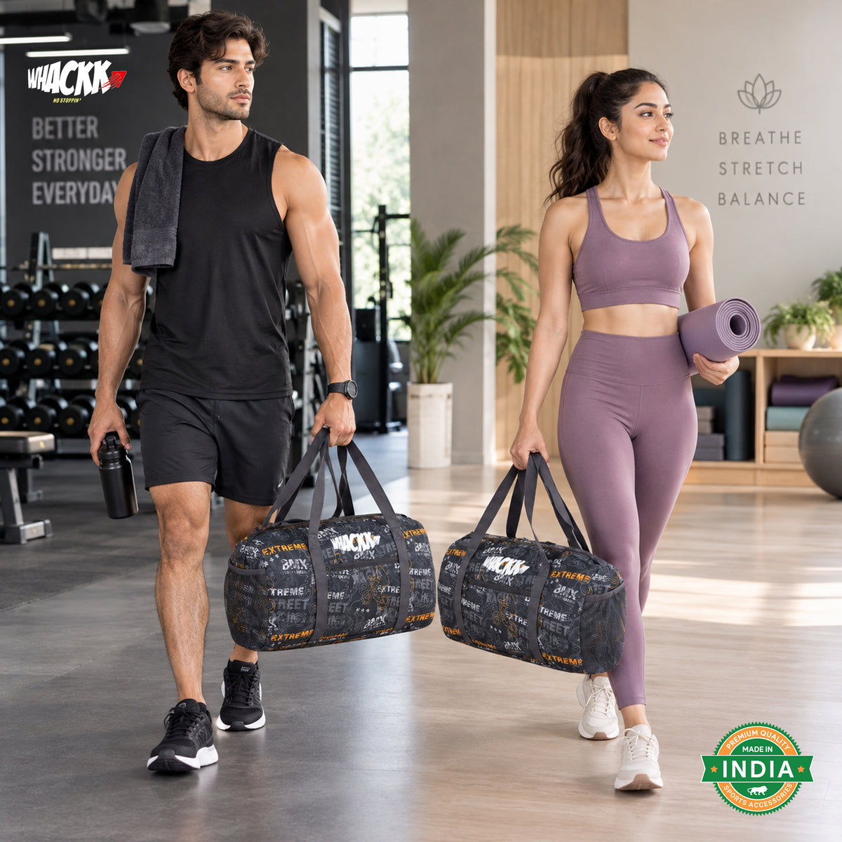 WHACKK 31L Xtreme Black Duffle Gym Bag with Carry Handle|1 Main Compartment, Shoe Compartment, Adjustable Mat Holder, Quick-Access & Bottle Pocket|Lightweight & Water-Resistant Bag for Men & Women