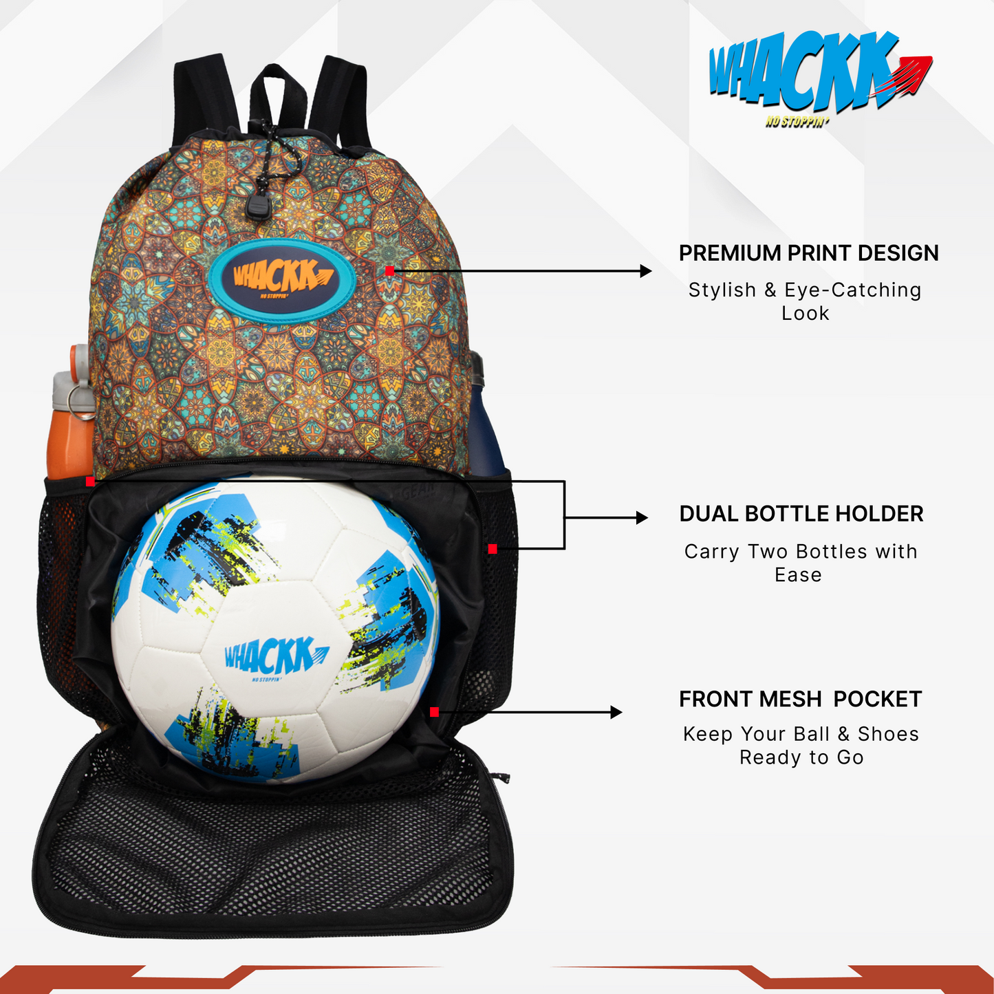 WHACKK Tornado Printed Sports Drawstring Backpack | Swimming Basketball Football Beach Gym Bag with Ventilated Mesh Pocket, Dual Bottle Pockets & Secure Storage for Gym, Swim & Daily Use