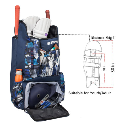 Kallis Navy Printed 103L Unisex Cricket Kit Bag Backpack|Adult Size|2 Bat|Shoe/Helmet Pocket|Main Compartment 18" Leg Pad|2 Bottle Holder|Easy Access Pocket|Player Edition Senior