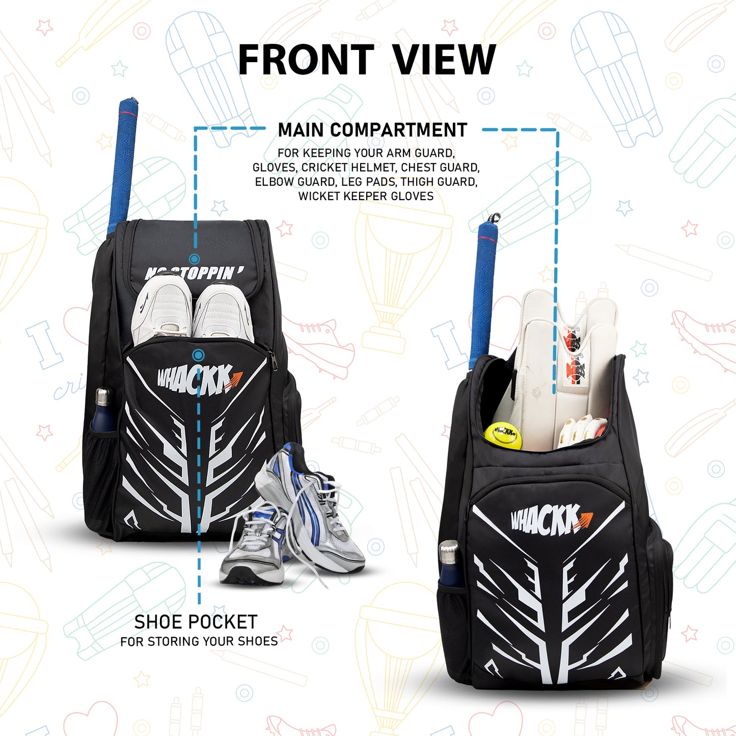 WHACKK Blair 70L Cricket Bag Black| Full Size Kit Bag with Spacious Storage| Bat Pocket, Shoe & Helmet Compartment| Bottle Holder| Utility Pockets| Padded Back & Hip Belt