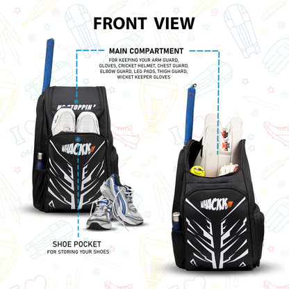 WHACKK Blair 70L Cricket Bag Black| Full Size Kit Bag with Spacious Storage| Bat Pocket, Shoe & Helmet Compartment| Bottle Holder| Utility Pockets| Padded Back & Hip Belt