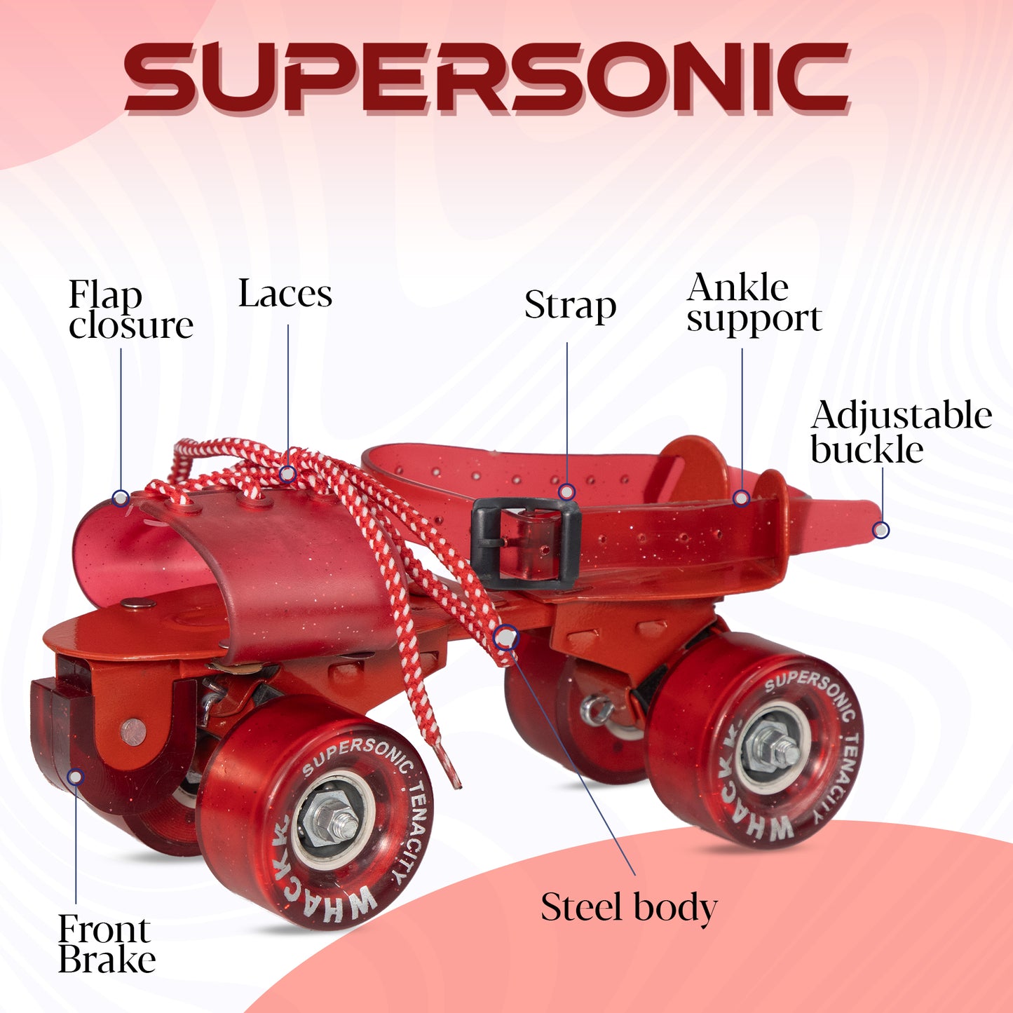 WHACKK Tenacity Supersonic Red Senior Adjustable Quad Roller Skates Combo (Skates + Helmet +Knee Guards + Elbow Guards + Carry Bag) | 55 mm PU Wheel|21 to 27 cm| Ball Bearing| Secure Buckles & Lace system