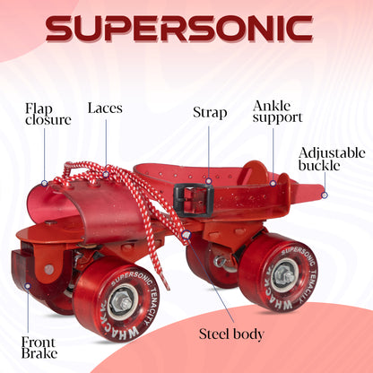 WHACKK Tenacity Supersonic Red Senior Adjustable Quad Roller Skates Combo (Skates + Helmet +Knee Guards + Elbow Guards + Carry Bag) | 55 mm PU Wheel|21 to 27 cm| Ball Bearing| Secure Buckles & Lace system