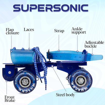 WHACKK Tenacity Supersonic Blue Senior Adjustable Quad Roller Skates Combo (Skates + Helmet +Knee Guards + Elbow Guards + Carry Bag) | 55 mm PU Wheel|21 to 27 cm| Ball Bearing| Secure Buckles & Lace system