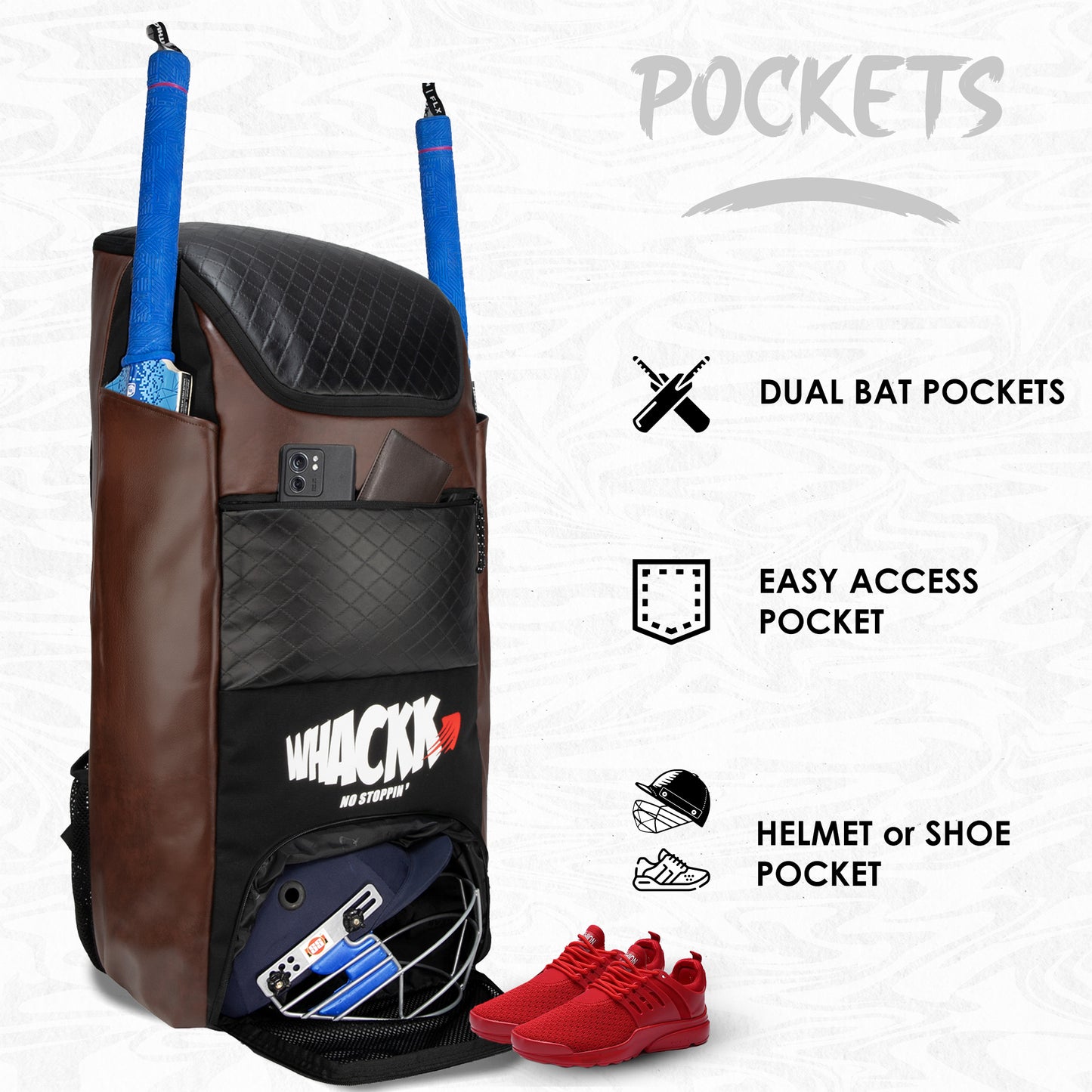 Lara Brown 72L | Premium Artificial Vegan Faux Leather Cricket Backpack|KitBag|Adult Size|2 Bat Pocket|Shoe/Helmet Pocket|Fit 18" Leg Pad 2 Bottle Holder|Easy Access|Player Senior,Black