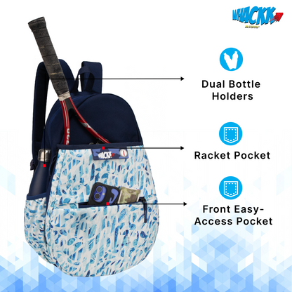 WHACKK Seles Sports Badminton Tennis Racket Backpack White Blue | 22L Capacity with Racket Compartment, Shoe Pocket, Multiple Utility Pockets & Dual Bottle Holders | Lightweight Bag for Pickleball Table Tennis