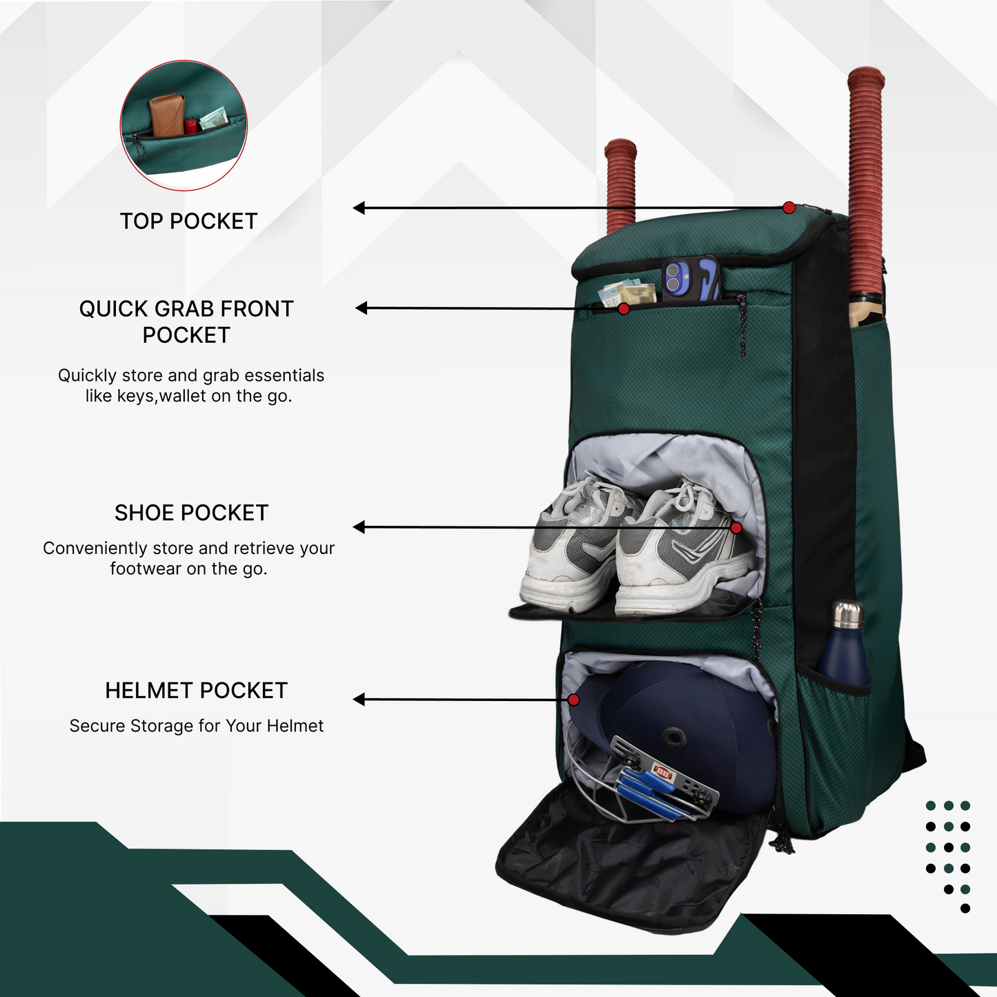 WHACKK Pollock 90L Cricket Bag Green | Large Kit Bag with Dual Bat Pockets, Shoe Pocket, Helmet & Gloves Section, Multiple Storage Compartments