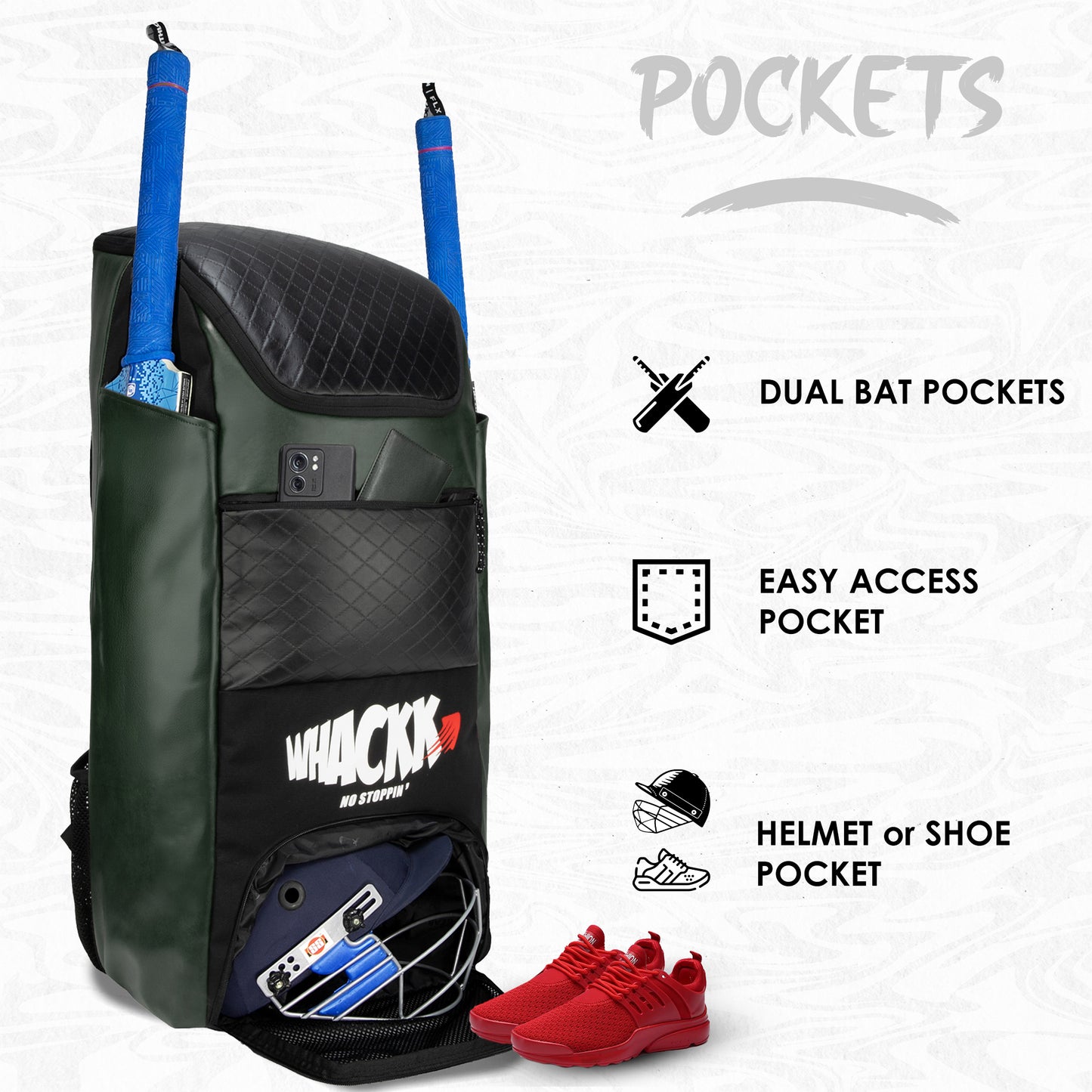 Lara Olive Green 72L | Premium Artificial Vegan Faux Leather Cricket Backpack|KitBag|Adult Size|2 Bat Pocket|Shoe/Helmet Pocket|Fit 18" Leg Pad 2 Bottle Holder|Easy Access|Player Senior,Black