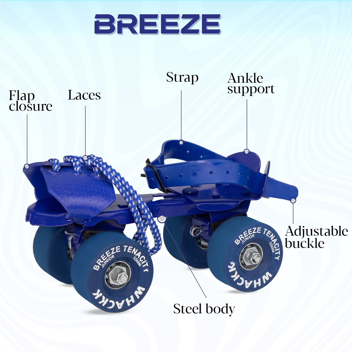 WHACKK Tenacity Breeze Blue Junior Adjustable Quad Roller Skates Combo- Kids 3-6 Yrs (Skates + Helmet + Knee Guards + Elbow Guards + Carry Bag)| 55 mm| 18 to 21 cm| Ball Bearing| Secure Buckles & Lace system