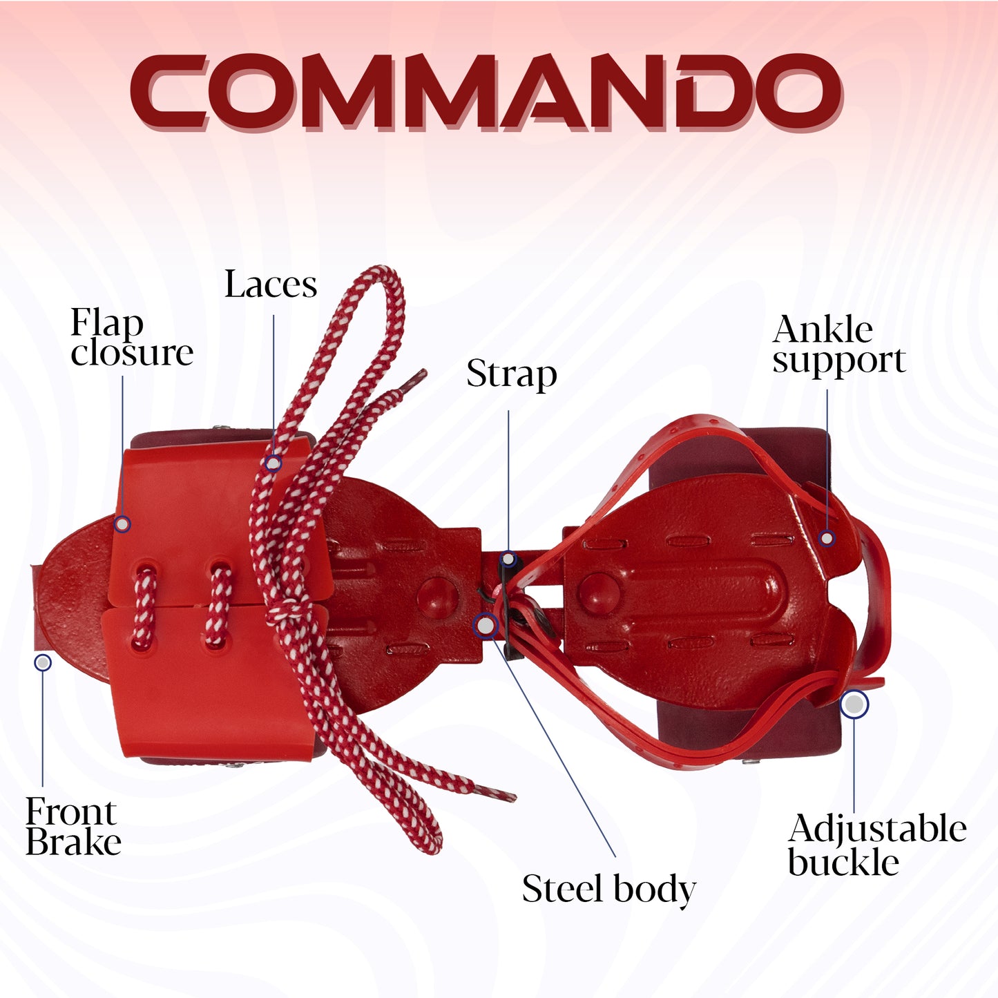 WHACKK Tenacity Commando Red Senior Adjustable Quad Roller Skates Combo (Skates + Helmet + Knee Guards + Elbow Guards + Carry Bag)| 55 mm Rubber Wheel|21 to 27 cm| Ball Bearing| Secure Buckles & Lace system