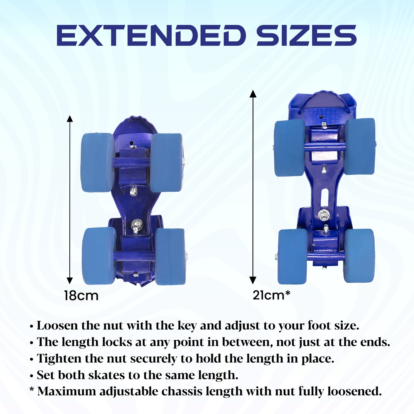 WHACKK Breeze Junior Roller Skates Blue | Adjustable Quad Skates Age 3-5 | Sturdy Metal Body, Tenacity Wheels, Ball Bearings | Foot 14-17cm, Chassis 16-19cm | Beginner Skates for Boys & Girls