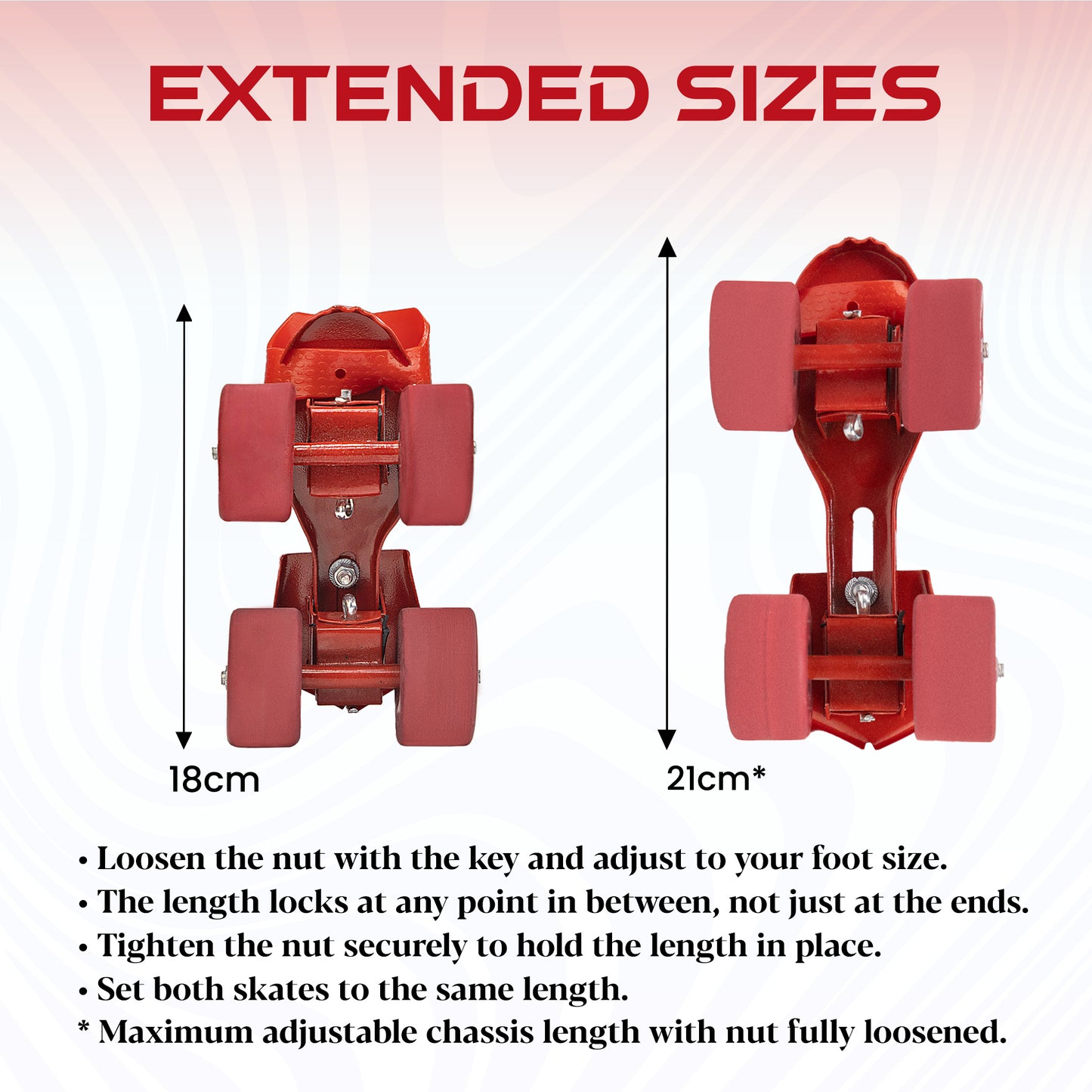 WHACKK Breeze Junior Roller Skates Red | Adjustable Quad Skates Age 3-5 | Sturdy Metal Body, Tenacity Wheels, Ball Bearings | Foot 14-17cm, Chassis 16-19cm | Beginner Skates for Boys & Girls