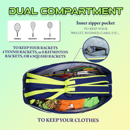 Connor Navy Blue Green Printed 52L Tennis Badminton Squash Equipment Cover Kit Bag 3 Big Compartments 4T 8B Racket | Backpack & Duffel