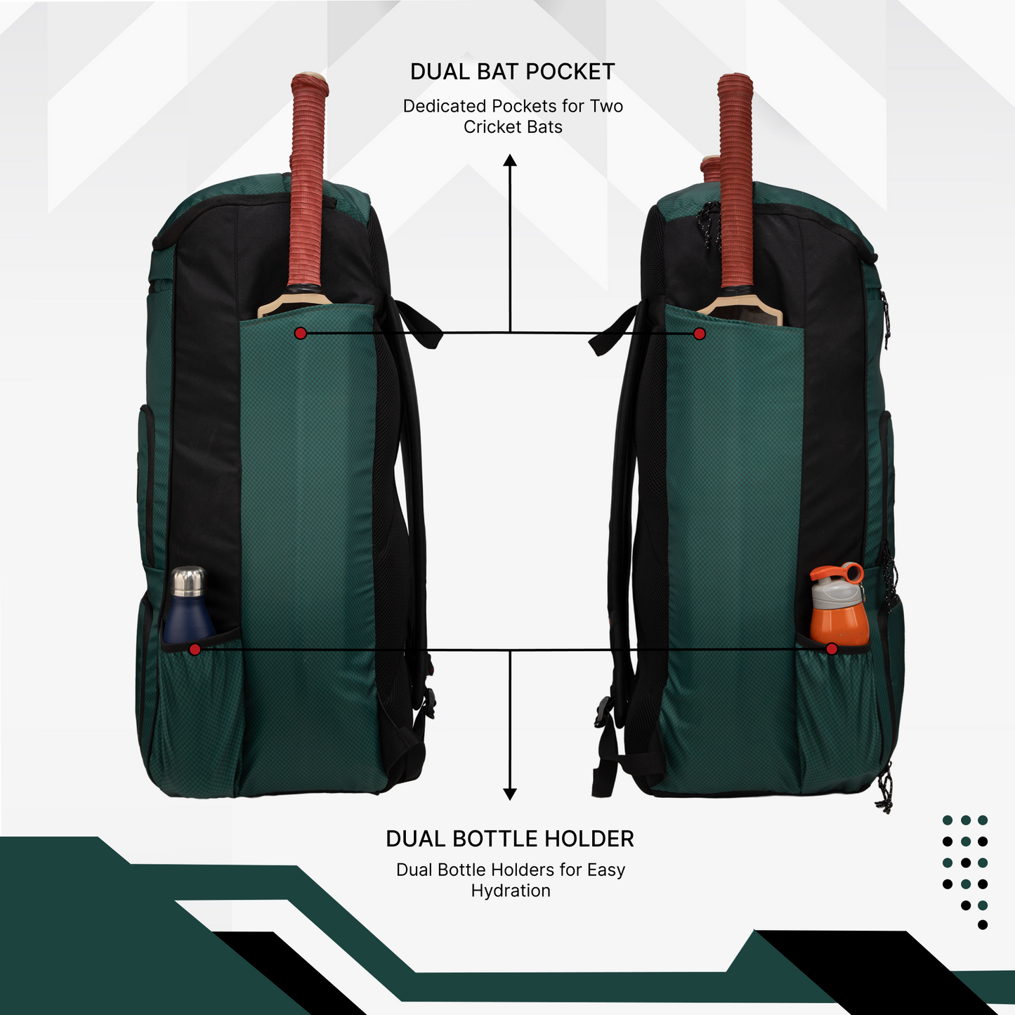 WHACKK Pollock 90L Cricket Bag Green | Large Kit Bag with Dual Bat Pockets, Shoe Pocket, Helmet & Gloves Section, Multiple Storage Compartments