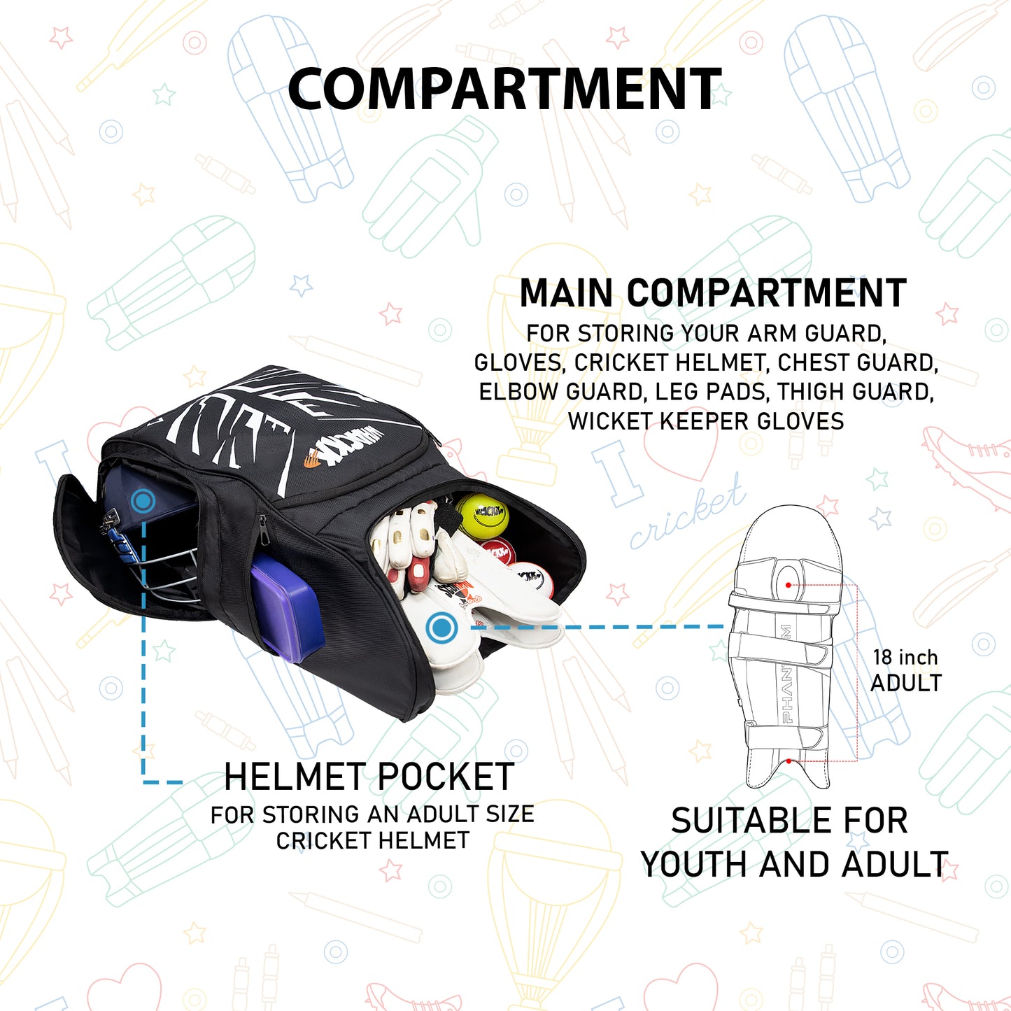 WHACKK Blair 70L Cricket Bag Black| Full Size Kit Bag with Spacious Storage| Bat Pocket, Shoe & Helmet Compartment| Bottle Holder| Utility Pockets| Padded Back & Hip Belt