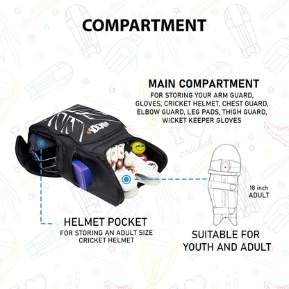 WHACKK Blair 70L Cricket Bag Black| Full Size Kit Bag with Spacious Storage| Bat Pocket, Shoe & Helmet Compartment| Bottle Holder| Utility Pockets| Padded Back & Hip Belt