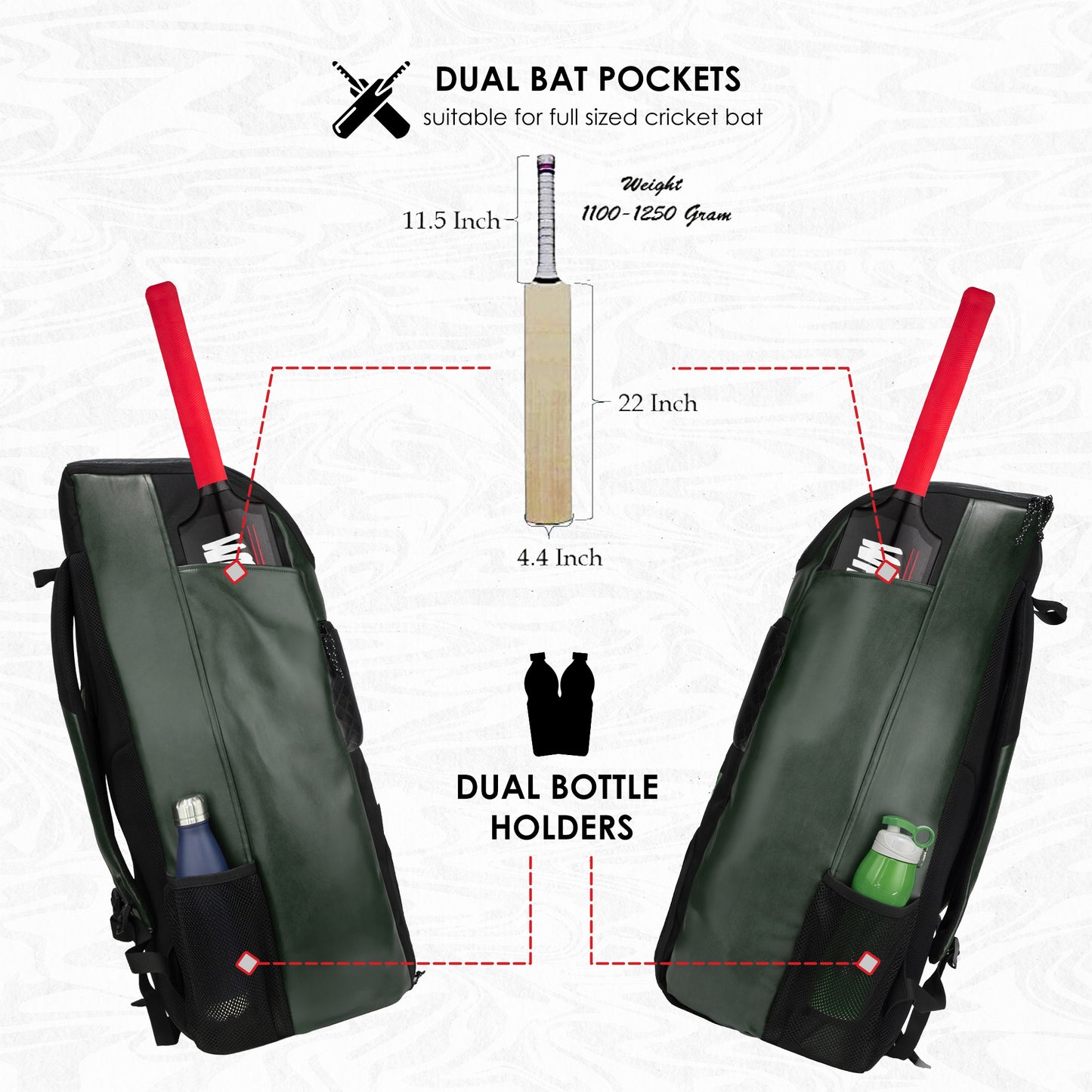 Lara Olive Green 72L | Premium Artificial Vegan Faux Leather Cricket Backpack|KitBag|Adult Size|2 Bat Pocket|Shoe/Helmet Pocket|Fit 18" Leg Pad 2 Bottle Holder|Easy Access|Player Senior,Black