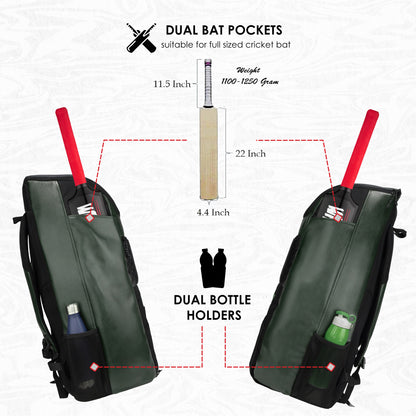 Lara Olive Green 72L | Premium Artificial Vegan Faux Leather Cricket Backpack|KitBag|Adult Size|2 Bat Pocket|Shoe/Helmet Pocket|Fit 18" Leg Pad 2 Bottle Holder|Easy Access|Player Senior,Black