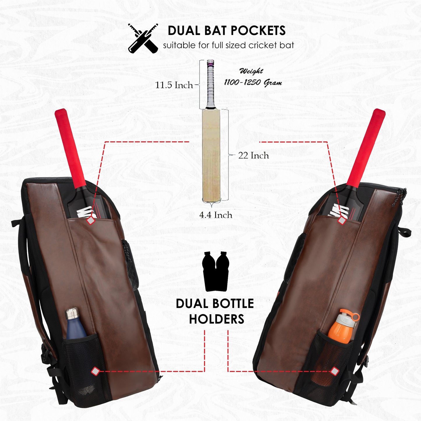 Lara Brown 72L | Premium Artificial Vegan Faux Leather Cricket Backpack|KitBag|Adult Size|2 Bat Pocket|Shoe/Helmet Pocket|Fit 18" Leg Pad 2 Bottle Holder|Easy Access|Player Senior,Black