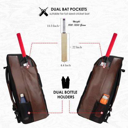 Lara Brown 72L | Premium Artificial Vegan Faux Leather Cricket Backpack|KitBag|Adult Size|2 Bat Pocket|Shoe/Helmet Pocket|Fit 18" Leg Pad 2 Bottle Holder|Easy Access|Player Senior,Black