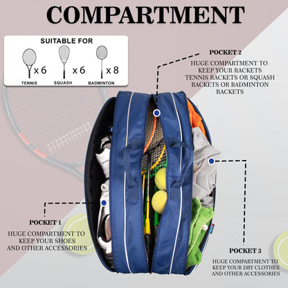 Team Navy Green Printed 45L Tennis Badminton Squash Equipment Cover Kit Bag 3 Big Compartments 4T 6B Racket | Backpack & Duffel