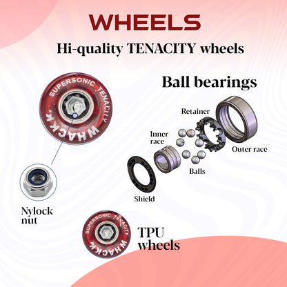 WHACKK Tenacity Supersonic Red Senior Adjustable Quad Roller Skates Combo (Skates + Helmet +Knee Guards + Elbow Guards + Carry Bag) | 55 mm PU Wheel|21 to 27 cm| Ball Bearing| Secure Buckles & Lace system