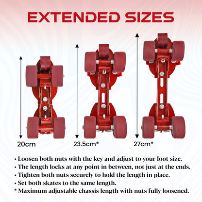 WHACKK Commando Senior Roller Skates Red | Adjustable Quad Skates Age 6-14 | Sturdy Metal Body, Tenacity Wheels, Ball Bearings | Foot 18-25cm, Chassis 20-27cm | Skates for Boys & Girls