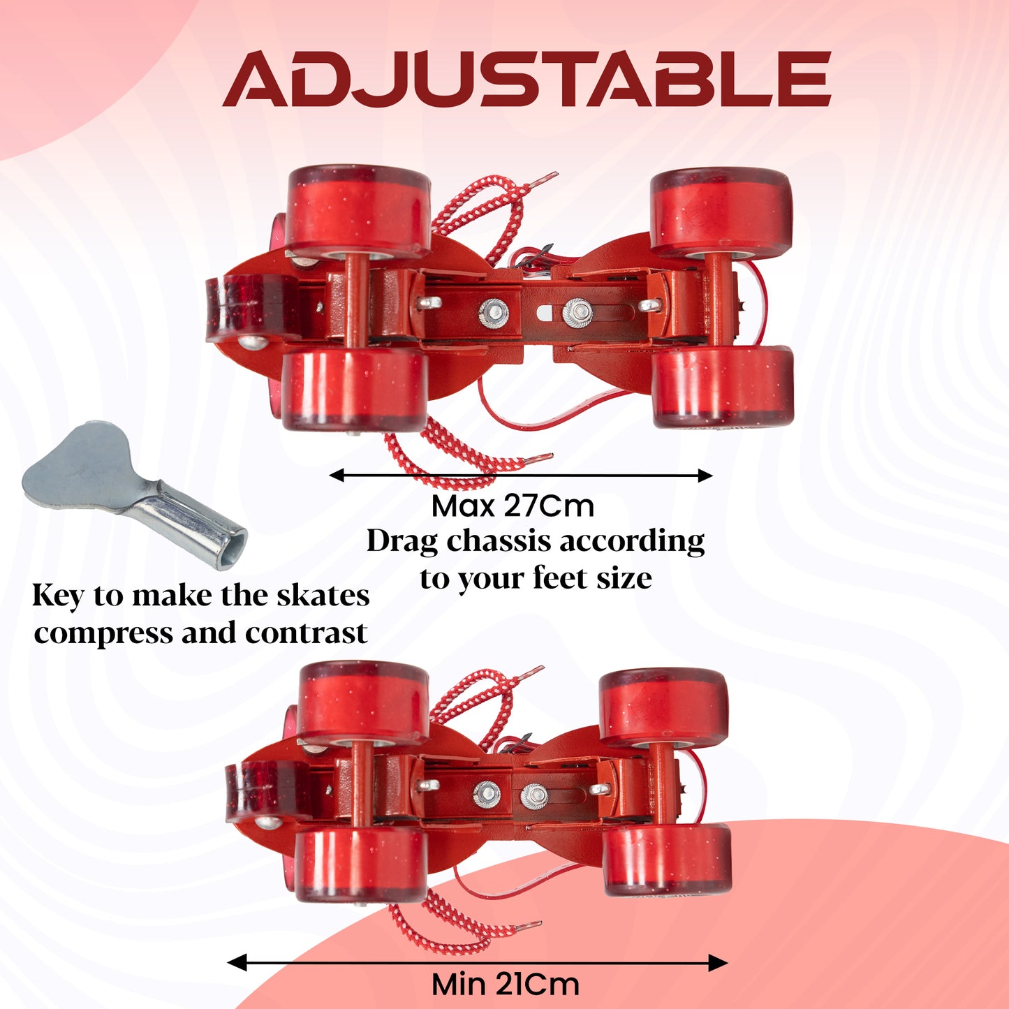 WHACKK Tenacity Supersonic Red Senior Adjustable Quad Roller Skates Combo (Skates + Helmet +Knee Guards + Elbow Guards + Carry Bag) | 55 mm PU Wheel|21 to 27 cm| Ball Bearing| Secure Buckles & Lace system