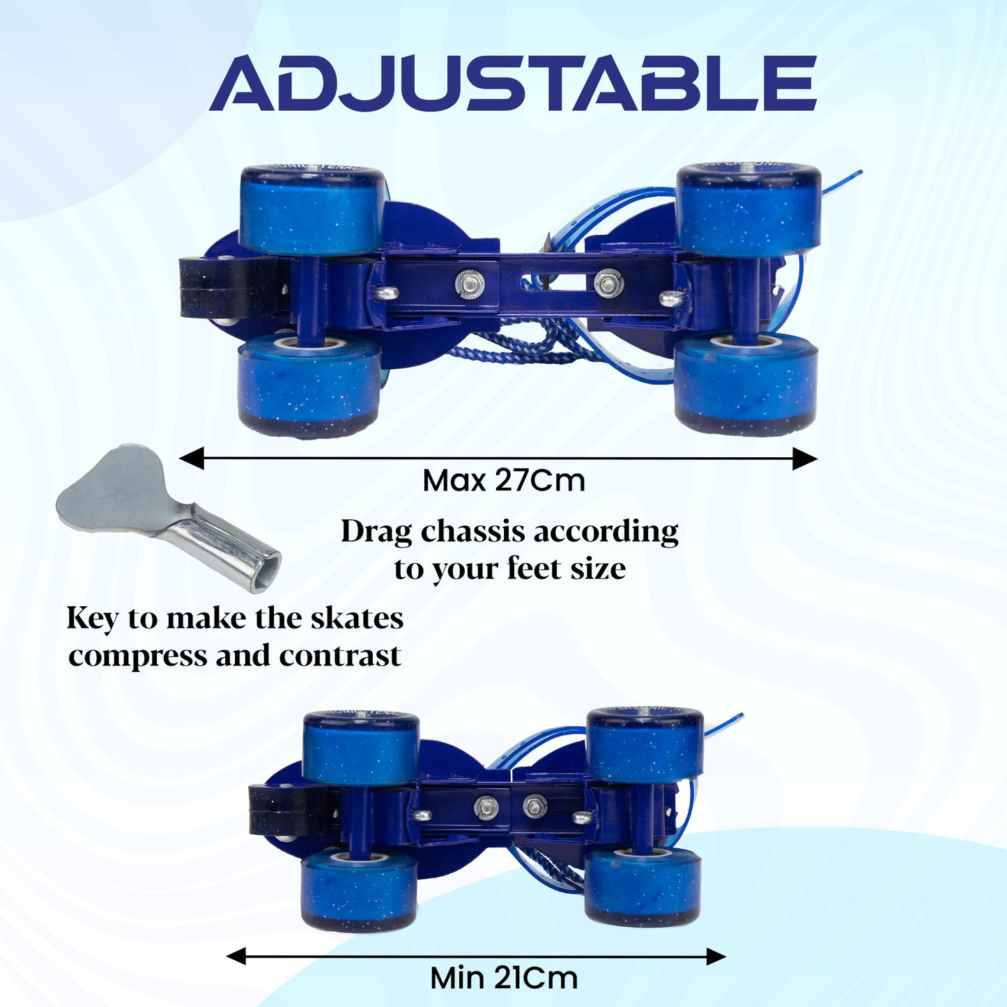 WHACKK Tenacity Supersonic Blue Senior Adjustable Quad Roller Skates Combo (Skates + Helmet +Knee Guards + Elbow Guards + Carry Bag) | 55 mm PU Wheel|21 to 27 cm| Ball Bearing| Secure Buckles & Lace system
