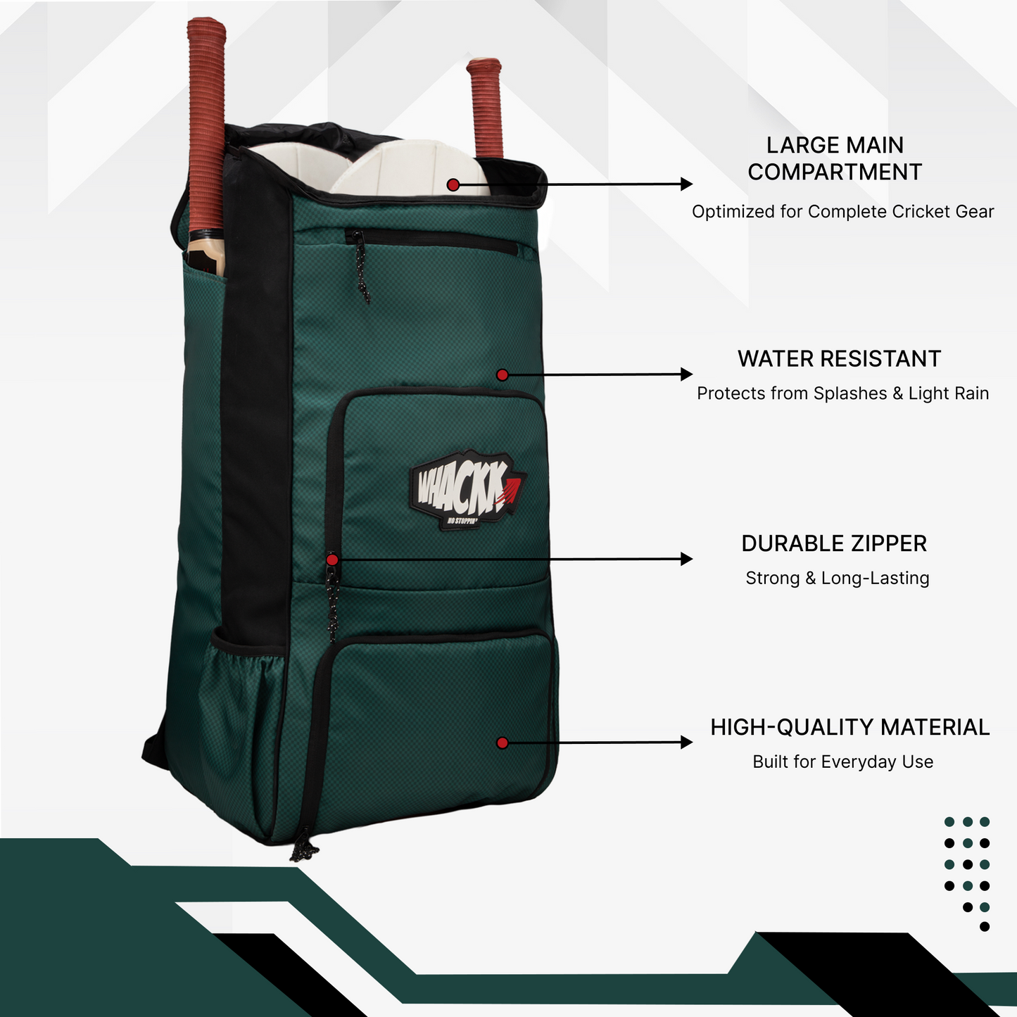 WHACKK Pollock 90L Cricket Bag Green | Large Kit Bag with Dual Bat Pockets, Shoe Pocket, Helmet & Gloves Section, Multiple Storage Compartments