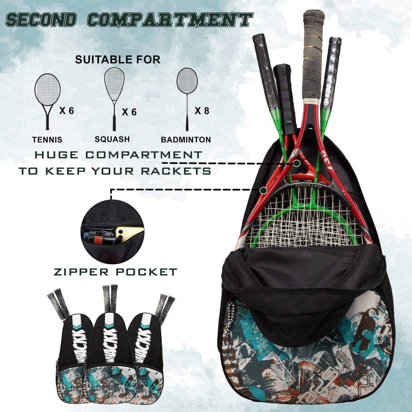 Ace Pickleball Printed Badminton Tennis Kit Bag 28L Black
