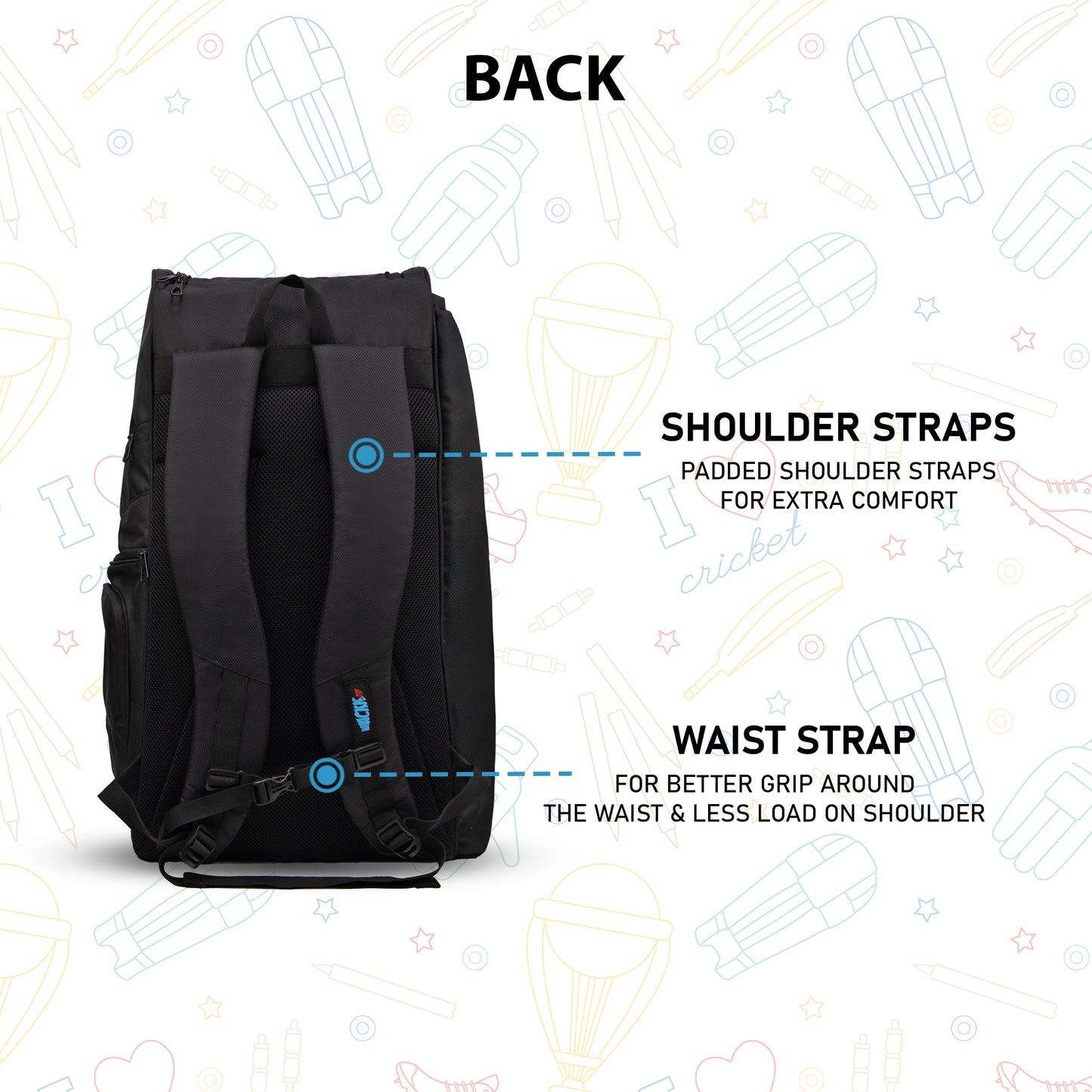 WHACKK Blair 70L Cricket Bag Black| Full Size Kit Bag with Spacious Storage| Bat Pocket, Shoe & Helmet Compartment| Bottle Holder| Utility Pockets| Padded Back & Hip Belt