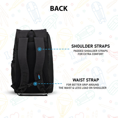 WHACKK Blair 70L Cricket Bag Black| Full Size Kit Bag with Spacious Storage| Bat Pocket, Shoe & Helmet Compartment| Bottle Holder| Utility Pockets| Padded Back & Hip Belt