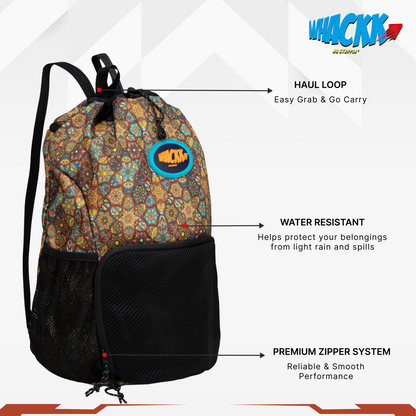 WHACKK Tornado Printed Sports Drawstring Backpack | Swimming Basketball Football Beach Gym Bag with Ventilated Mesh Pocket, Dual Bottle Pockets & Secure Storage for Gym, Swim & Daily Use